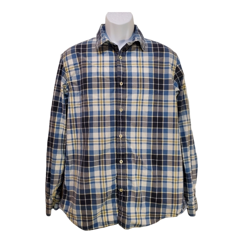 Mens Banana Republic Blue & White Button Down Plaid Soft Wash Shirt Sz L 16-16.5